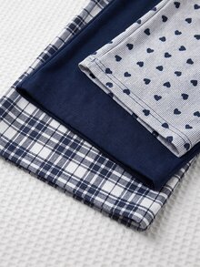 SHEIN Plus Size Navy Stripe, Heart, Plaid & Solid Pajama Pants Set For Women - Multicolor - View 3