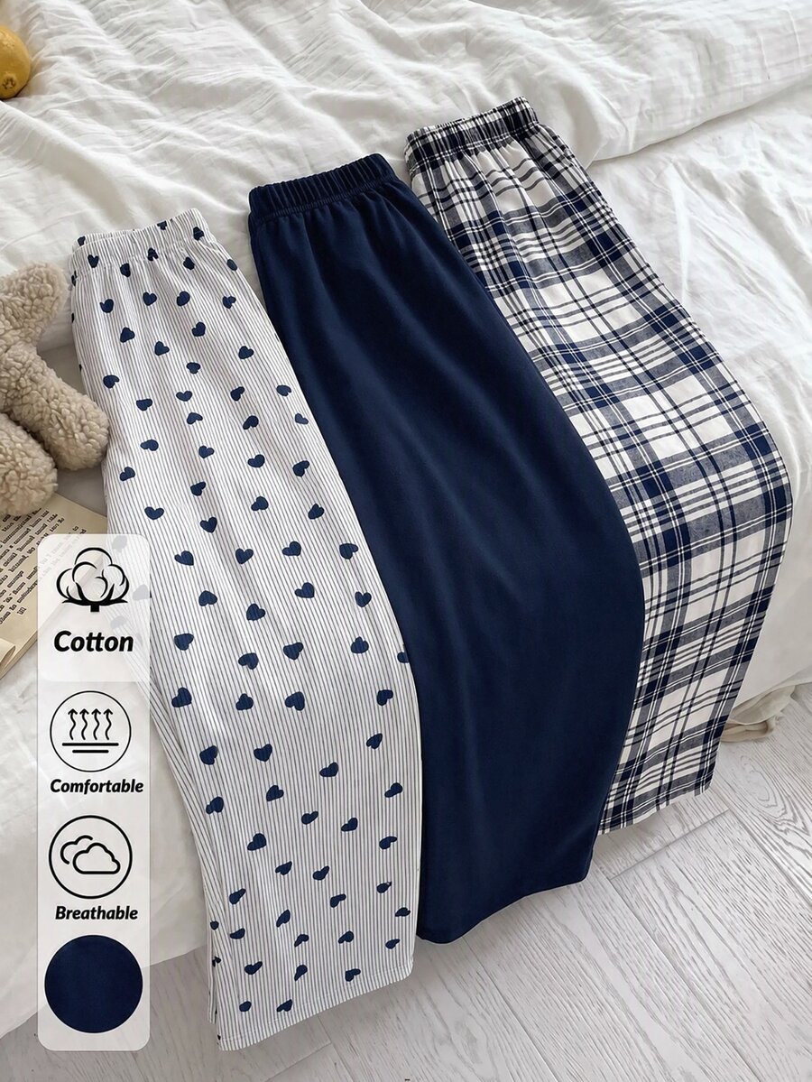 SHEIN Plus Size Navy Stripe, Heart, Plaid & Solid Pajama Pants Set For Women - Multicolor - View 1