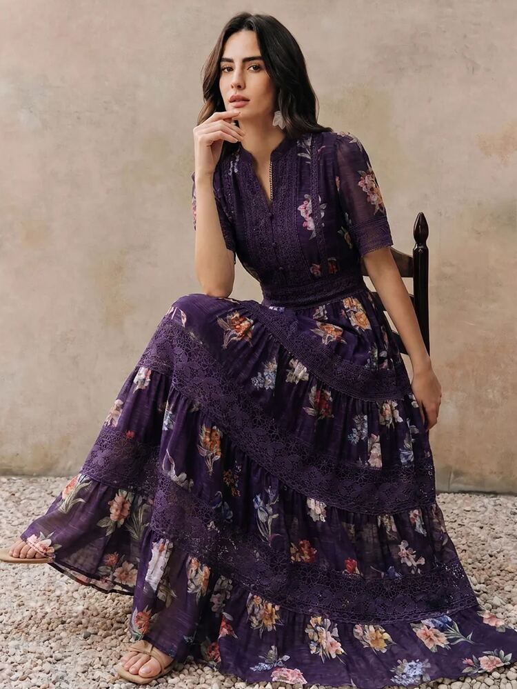 Anewsta Women's Fall/Winter Elegant Dark Purple Floral Embroidery Lace Trim Cinched Waist Long Dress For Wedding Guest Party Date Night - Purple - View 1
