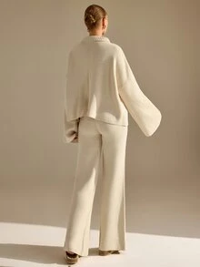 CLARA VERO Beige Zip Up Palazzo Knit Set, Oversize, Street Or Travel, Double Zip And Pocket Jacket, Wide Leg - Beige - View 2