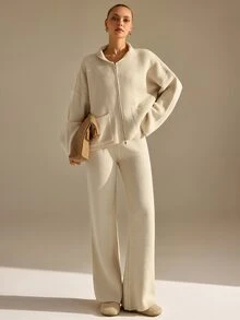 CLARA VERO Beige Zip Up Palazzo Knit Set, Oversize, Street Or Travel, Double Zip And Pocket Jacket, Wide Leg - Beige - View 6