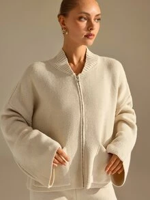 CLARA VERO Beige Zip Up Palazzo Knit Set, Oversize, Street Or Travel, Double Zip And Pocket Jacket, Wide Leg - Beige - View 4