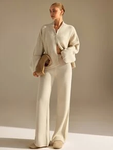 CLARA VERO Beige Zip Up Palazzo Knit Set, Oversize, Street Or Travel, Double Zip And Pocket Jacket, Wide Leg - Beige - View 7