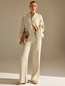 CLARA VERO Beige Zip Up Palazzo Knit Set, Oversize, Street Or Travel, Double Zip And Pocket Jacket, Wide Leg - Beige - View 3