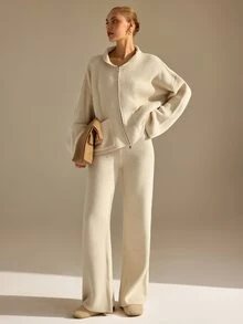 CLARA VERO Beige Zip Up Palazzo Knit Set, Oversize, Street Or Travel, Double Zip And Pocket Jacket, Wide Leg - Beige - View 5