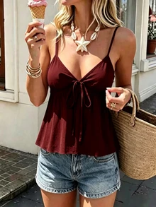 Zielony Plain Pleated Casual Versatile Fashion Camisole Tank Top, Summer - Burgundy - View 7