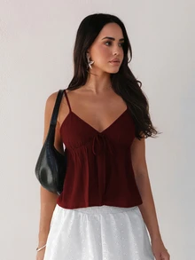 Zielony Plain Pleated Casual Versatile Fashion Camisole Tank Top, Summer - Burgundy - View 8