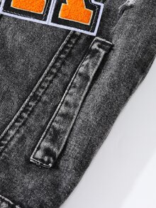 SHEIN 男童休閒復古黑灰色水洗牛仔夾克，童裝時尚字母毛巾刺繡虎頭刺繡長袖外套，秋季款 - 黑色 - 查看 4