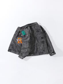SHEIN 男童休閒復古黑灰色水洗牛仔夾克，童裝時尚字母毛巾刺繡虎頭刺繡長袖外套，秋季款 - 黑色 - 查看 2