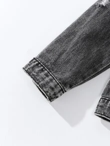 SHEIN 男童休閒復古黑灰色水洗牛仔夾克，童裝時尚字母毛巾刺繡虎頭刺繡長袖外套，秋季款 - 黑色 - 查看 5