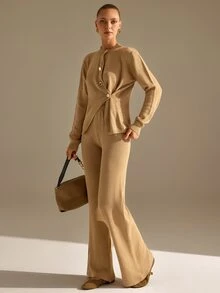 CLARA VERO طقم بالازو محبوك بأزرار أمامية بلون الجمل، قصة فضفاضة، مثالي لوجبات الغداء في عطلة نهاية الأسبوع - بني فاتح - مشاهدة 5