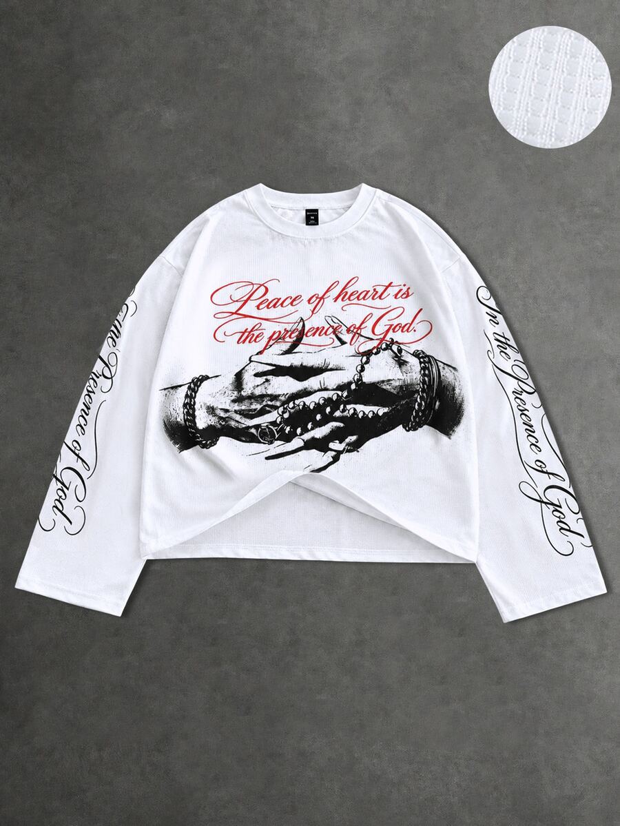 ROMWE MEN Street Life Men's Crew Neck Printed Long Sleeve T-Shirt - Yellow - View 1
