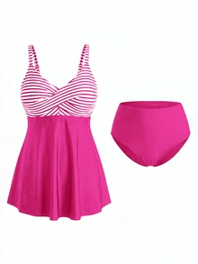 SHEIN Swim Curve Plus Size Women 2pcs Set Striped Print Camisole & High Waist Bikini Bottoms, Summer Beach Vacation - Multicolor - View 5