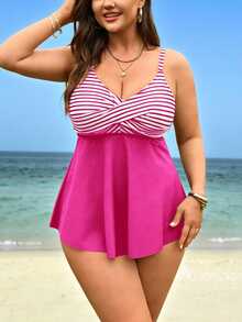 SHEIN Swim Curve Plus Size Women 2pcs Set Striped Print Camisole & High Waist Bikini Bottoms, Summer Beach Vacation - Multicolor - View 6