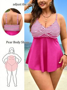 SHEIN Swim Curve Plus Size Women 2pcs Set Striped Print Camisole & High Waist Bikini Bottoms, Summer Beach Vacation - Multicolor - View 3
