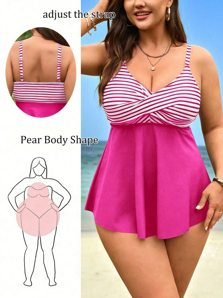 SHEIN Swim Curve 大码女式两件套条纹印花吊带背心和高腰比基尼泳裤，夏季海滩度假 - 彩色 - 查看 3