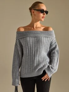 RosyDaze Off Shoulder Rib Knit Sweater, Relaxed Fit, Weekend Or City, Boat Neck, Extra Long Sleeve, Rib Knit, - Grey - View 4