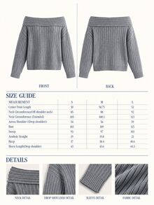 RosyDaze Off Shoulder Rib Knit Sweater, Relaxed Fit, Weekend Or City, Boat Neck, Extra Long Sleeve, Rib Knit, - Grey - View 7