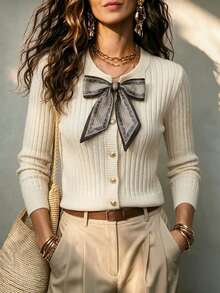 SHEIN Cream White Round Neck Ribbon Tie Front Cardigan, Fall/ Brunch Tea Party French Elegant - White - View 2