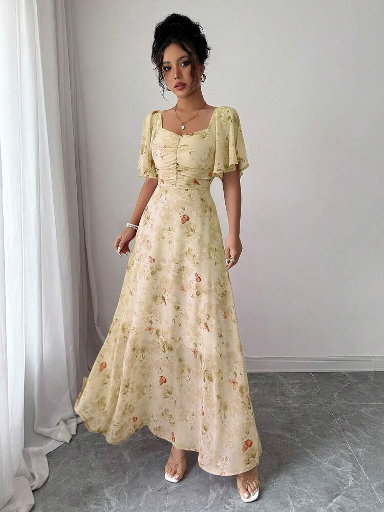 Modelyn Vestido de verano estilo francés dulce con diseño plisado de manga de murciélago y estampado de mariposas de gasa para mujer - Amarillo claro - Añade 6