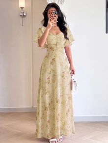 Modelyn Women's Chiffon Butterfly Printed Batwing Sleeve Pleated Sweet French Style Summer Dress - Light Yellow - View 2