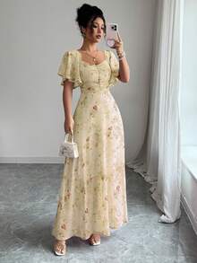 Modelyn Women's Chiffon Butterfly Printed Batwing Sleeve Pleated Sweet French Style Summer Dress - Light Yellow - View 4
