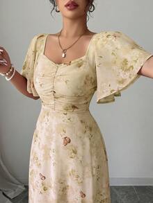 Modelyn Women's Chiffon Butterfly Printed Batwing Sleeve Pleated Sweet French Style Summer Dress - Light Yellow - View 9