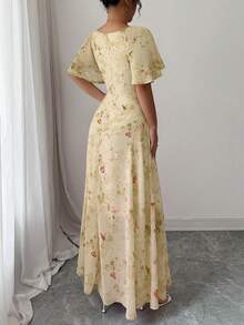 Modelyn Women's Chiffon Butterfly Printed Batwing Sleeve Pleated Sweet French Style Summer Dress - Light Yellow - View 3