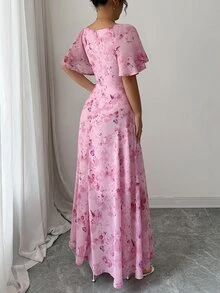 Modelyn Women's Chiffon Butterfly Print Batwing Sleeve Pleated Sweet French Summer Dress - Pink - View 3