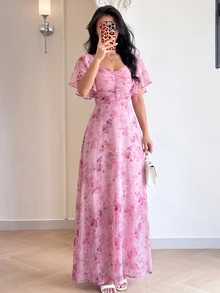Modelyn Women's Chiffon Butterfly Print Batwing Sleeve Pleated Sweet French Summer Dress - Pink - View 2