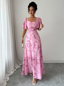 Modelyn Women's Chiffon Butterfly Print Batwing Sleeve Pleated Sweet French Summer Dress - Pink - View 8