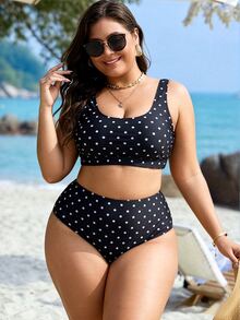 SHEIN Swim Curve Conjunto de traje de baño de 2 piezas con estampado aleatorio para mujer talla grande, estilo casual de moda para vacaciones - Blanco y Negro - Ver 2