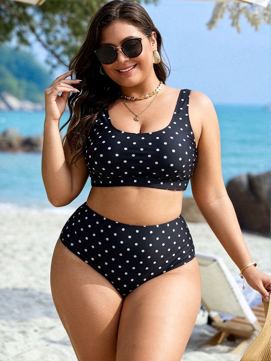 SHEIN Swim Curve Conjunto de traje de baño de 2 piezas con estampado aleatorio para mujer talla grande, estilo casual de moda para vacaciones