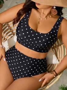 SHEIN Swim Curve Conjunto de traje de baño de 2 piezas con estampado aleatorio para mujer talla grande, estilo casual de moda para vacaciones - Blanco y Negro - Ver 6