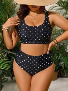 SHEIN Swim Curve Conjunto de traje de baño de 2 piezas con estampado aleatorio para mujer talla grande, estilo casual de moda para vacaciones - Blanco y Negro - Ver 4