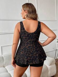 SHEIN Swim Curve Plus Size Women 2 Pieces Brown Leopard Print Drawstring V-Neck Top And Shorts Set, Beach Vacation Summer Holiday Outfit Party Wear Sexy Tropical - Multicolor - View 2
