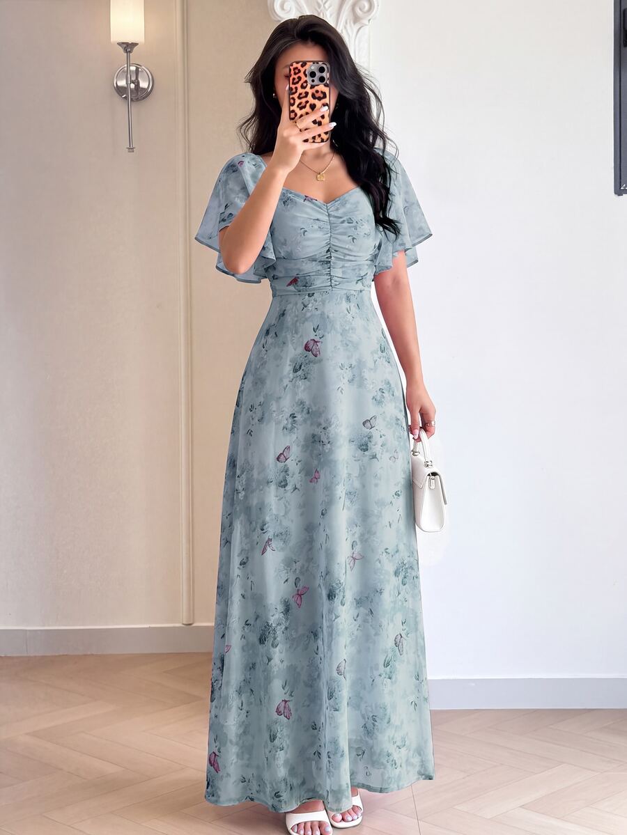 Modelyn 女款雪紡蝴蝶印花蝙蝠袖百褶甜美法式風夏日洋裝
