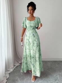 Modelyn Women's Chiffon Floral Butterfly & Bat Wing Sleeve Ruched Cute French Style Summer Homecoming Dress - Turquoise - View 9