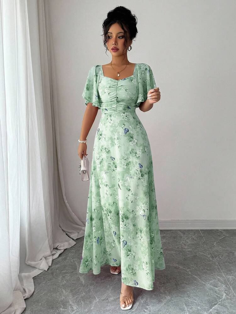 Modelyn Women's Chiffon Floral Butterfly & Bat Wing Sleeve Ruched Cute French Style Summer Homecoming Dress - Turquoise - View 8