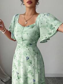 Modelyn Women's Chiffon Floral Butterfly & Bat Wing Sleeve Ruched Cute French Style Summer Homecoming Dress - Turquoise - View 6