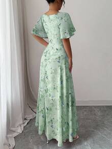 Modelyn Women's Chiffon Floral Butterfly & Bat Wing Sleeve Ruched Cute French Style Summer Homecoming Dress - Turquoise - View 3