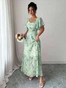 Modelyn Women's Chiffon Floral Butterfly & Bat Wing Sleeve Ruched Cute French Style Summer Homecoming Dress - Turquoise - View 8