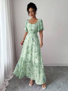 Modelyn Women's Chiffon Floral Butterfly & Bat Wing Sleeve Ruched Cute French Style Summer Homecoming Dress - Turquoise - View 5