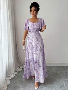 Modelyn Women Chiffon Butterfly Print Batwing Sleeve Sweet French Style Mini Dress, Going Out Summer Back To School Homecoming Elegant Party Dresses - Mauve Purple - View 6