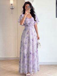 Modelyn Damklänning i chiffong med fjärilsmönster, fladdermusärmar, söt fransk stil, miniklänning, elegant festklänning för utgång, sommar, skolstart och homecoming