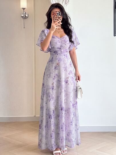 Modelyn Women Chiffon Butterfly Print Batwing Sleeve Sweet French Style Mini Dress, Going Out Summer Back To School Homecoming Elegant Party Dresses