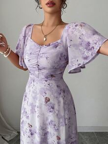 Modelyn Women Chiffon Butterfly Print Batwing Sleeve Sweet French Style Mini Dress, Going Out Summer Back To School Homecoming Elegant Party Dresses - Mauve Purple - View 7