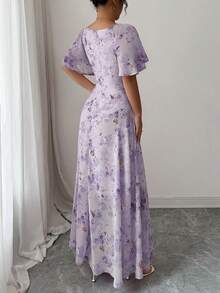 Modelyn Women Chiffon Butterfly Print Batwing Sleeve Sweet French Style Mini Dress, Going Out Summer Back To School Homecoming Elegant Party Dresses - Mauve Purple - View 3