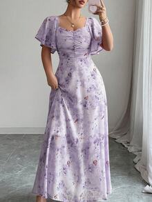 Modelyn Women Chiffon Butterfly Print Batwing Sleeve Sweet French Style Mini Dress, Going Out Summer Back To School Homecoming Elegant Party Dresses - Mauve Purple - View 5