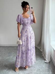 Modelyn Women Chiffon Butterfly Print Batwing Sleeve Sweet French Style Mini Dress, Going Out Summer Back To School Homecoming Elegant Party Dresses - Mauve Purple - View 4